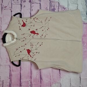 CROFT & BARROW CREAM FLEECE FAUX FUR TRIM CARDINAL BRANCH EMBROIDERED VEST PL